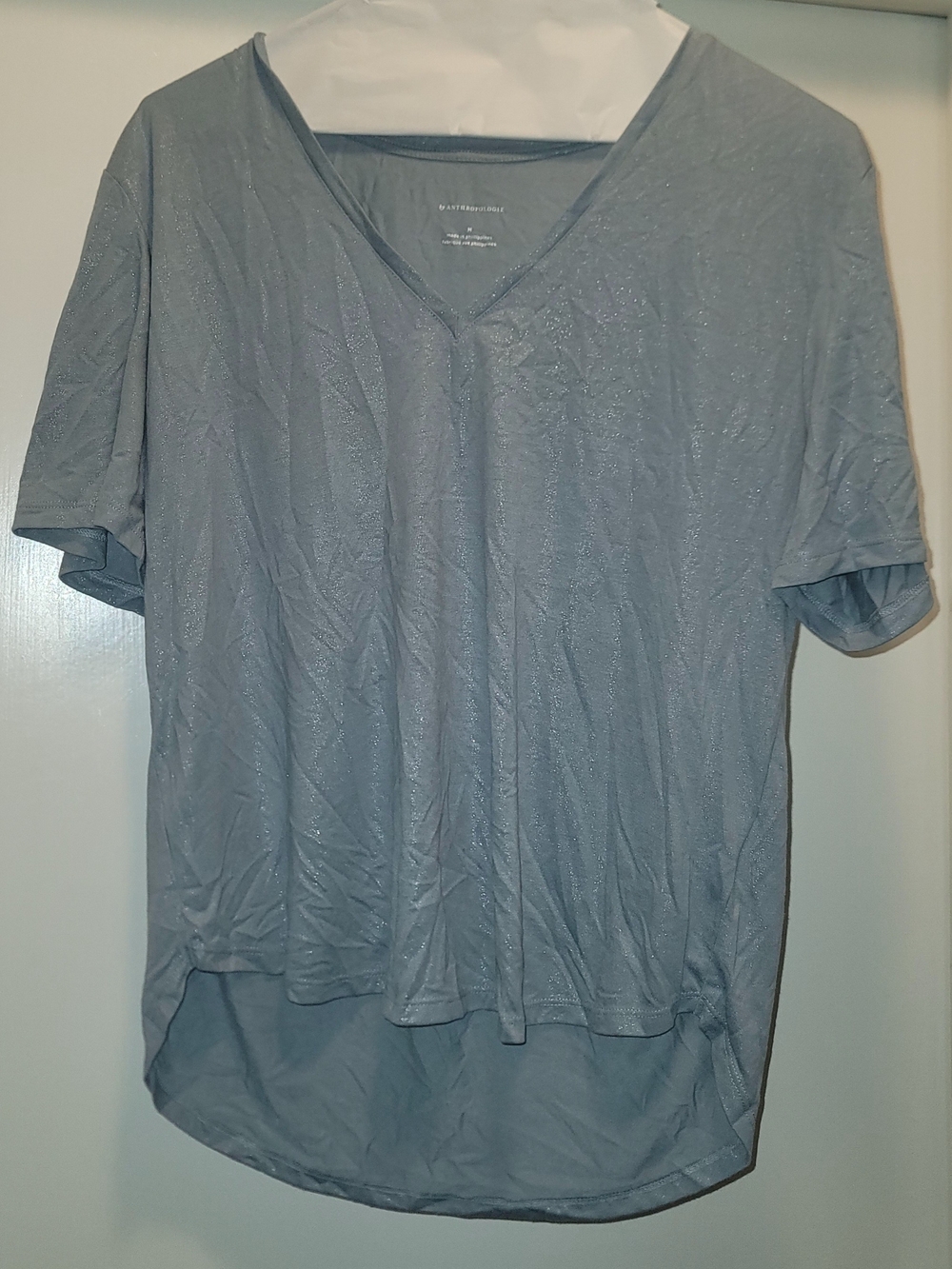 Anthropologie Women's V-Neck Short Sleeve Shirt - Shimmery Gray